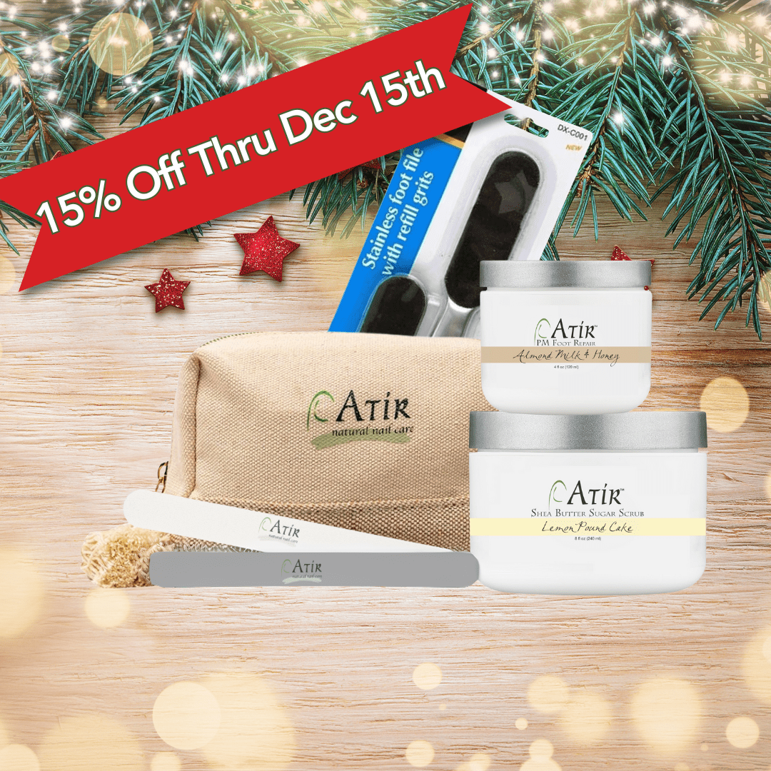 15% Off ATiR natural nail care Barefoot Bliss Pedicure Kit includes natural nail file, buffer, professional grade foot file, ATiR Shea Butter Sugar Scrub, and ATiR PM Foot Repair Cream.